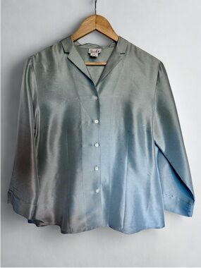LOFT 100% Silk Light Blue Sage Classic Button-Down Blouse